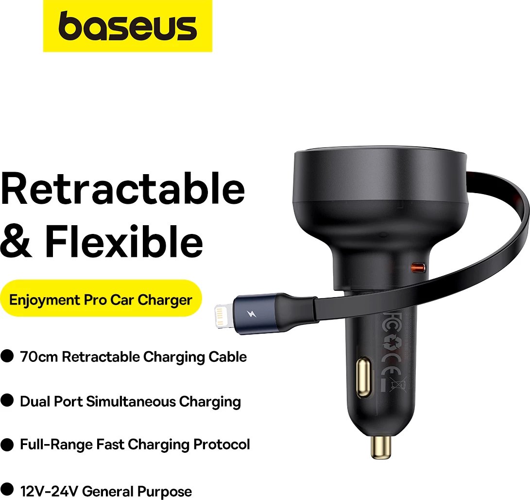 Karikues veture Baseus Enjoyment Pro, C00057803111-00, 60W, USB-C (femër) / Lightning (mashkull), zi