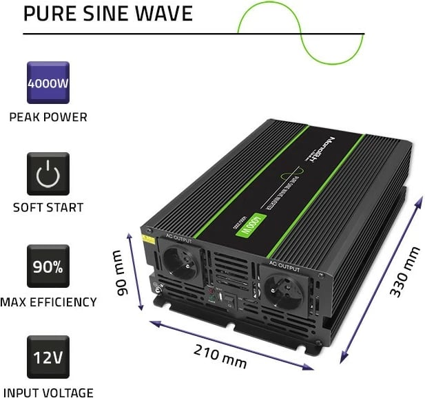 Konvertues voltazhi Qoltec Monolith 51935, 2000W/4000W, 12V në 230V, Pure Sine Wave, Grafit