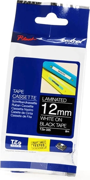 Kasetë shirit etiketues, Brother, TZE-335, 12mm x 8m, e bardhë mbi të zezë