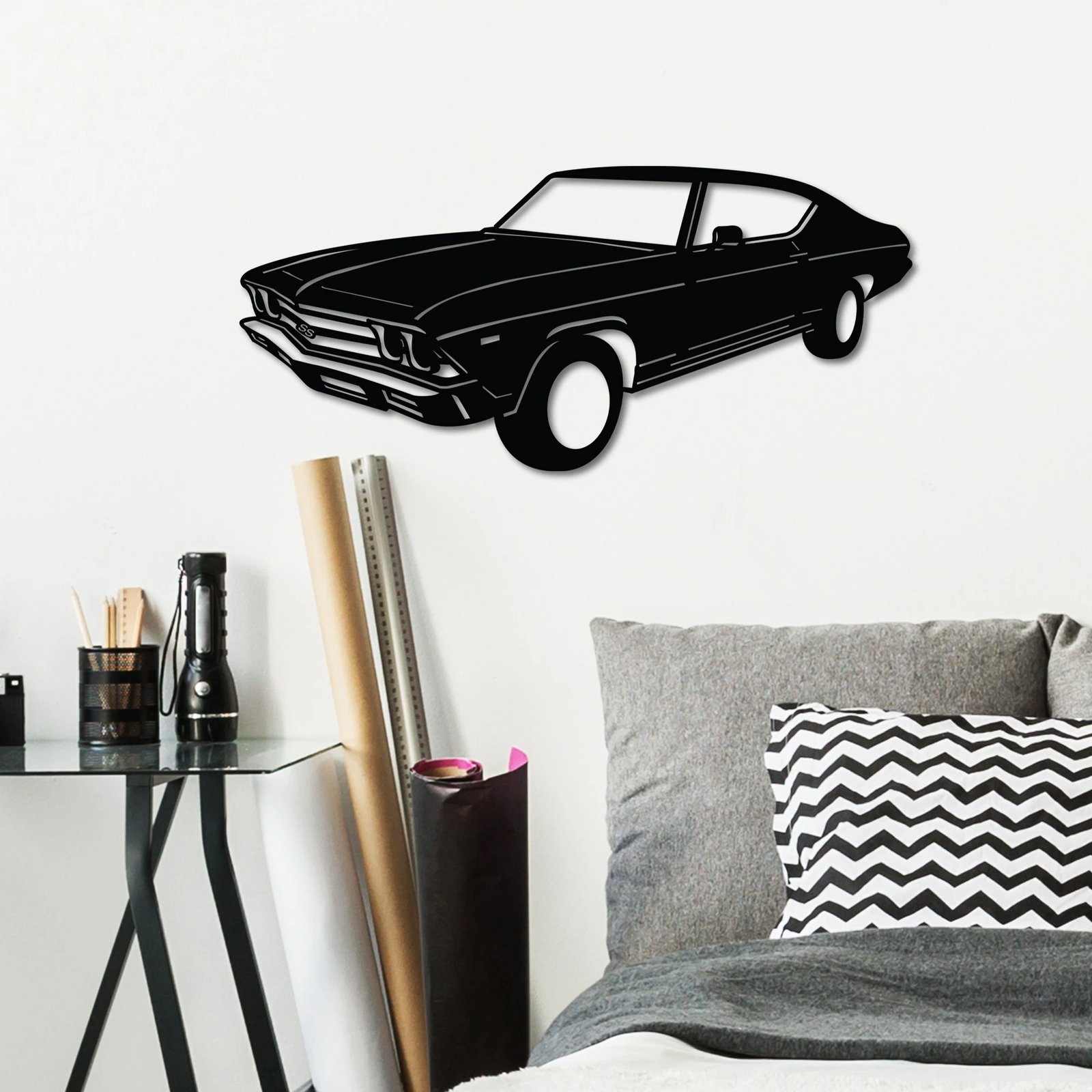 Aksesor dekorativ metalik për mur, Chevrolet Chevelle SS 1969 Malibu, ngjyrë e zezë