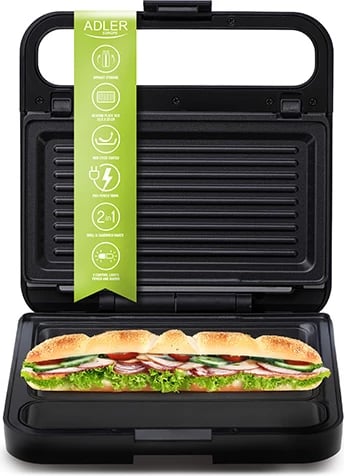 Aparat sanduiçi 2-në-1, Adler, AD 3070, pllaka të ndërrueshme grill/sanduiç, veshje jo-ngjitëse, 850W, i zi