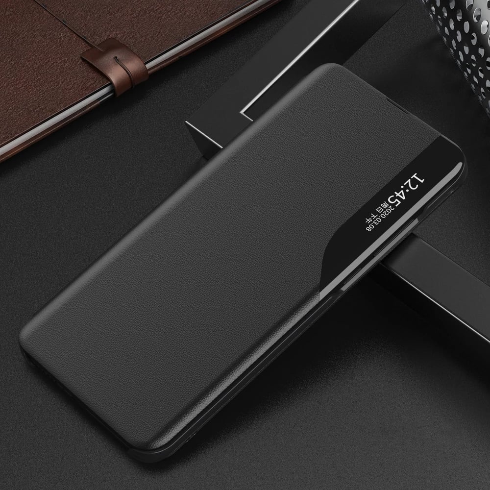 Mbështjellës Hurtel Eco Leather View Case për Samsung Galaxy A22 4G, me kapak dhe mbajtës, e zezë