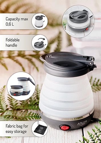 Çajnik elektrik udhëtimi, Adler AD 1279, 0.6 L, silikon palosës, 750W, gri