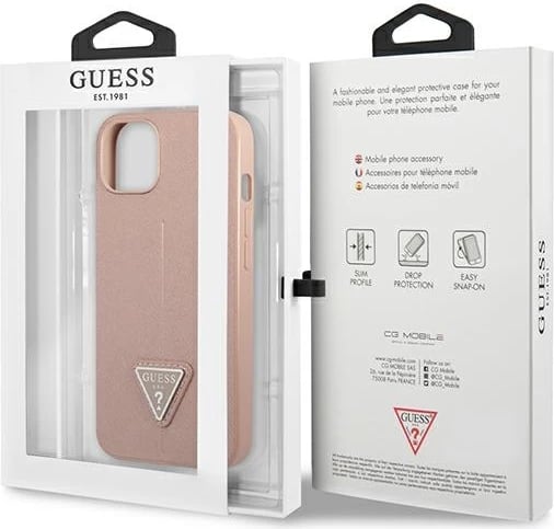 Mbështjellës Guess GUHCP13SPSATLP për iPhone 13 mini 5.4", Saffiano Triangle, Rozë