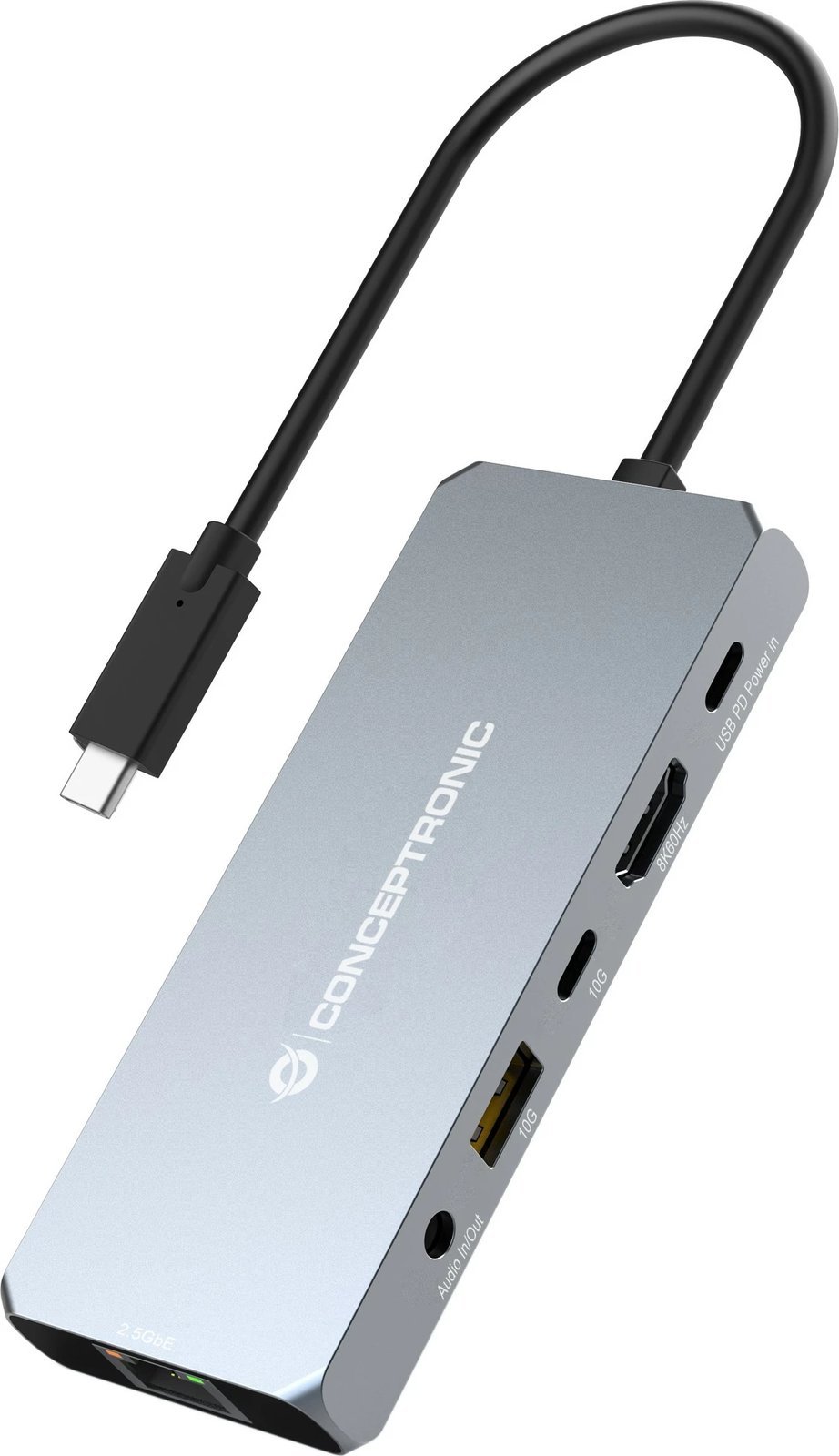 Dock Conceptronic 6-në-1 USB-C në HDMI/USB-A/GbE/AUX, 18cm, gri