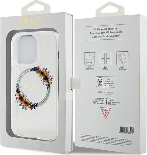 Mbështjellës Guess IML Flowers Wreath MagSafe për iPhone 15 Pro, Transparent Mbështjellës Guess IML Flowers Wreath MagSafe për iPhone 15 Pro, Transparent