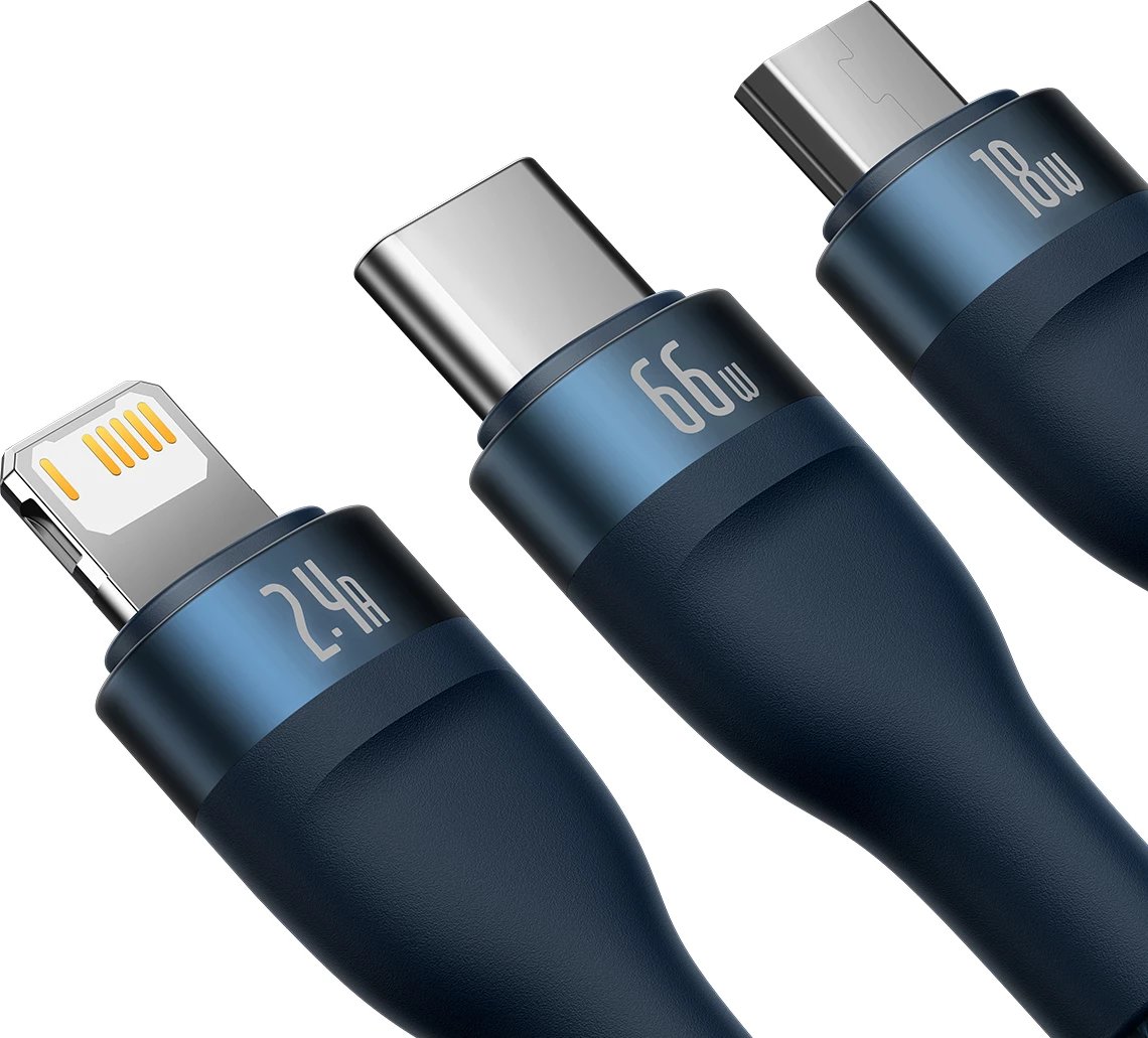 Kabllo karikimi 3-në-1 Baseus Flash Series II, USB-A në USB-C/Micro-USB/Lightning, 1.2m, 66W, Kaltër