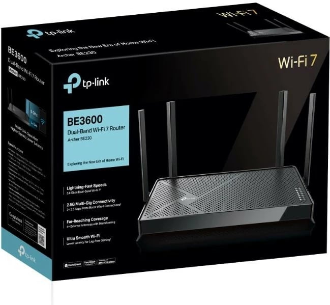 Ruter Wi‑Fi 7, TP-Link Archer BE230 BE3600, dual-band 3.6 Gb/s, porte 2.5G WAN/LAN, 4 antena, USB 3.0