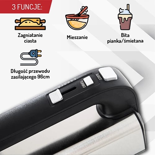 Mikser dore, Adler, AD 4225, 5 shpejtësi Turbo, 300W (max 800W), me 2 rrahëse dhe 2 hoka brumi, INOX