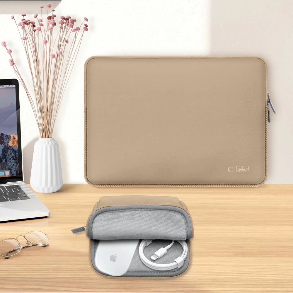 Kasë laptopi Tech-Protect NeoSlim 13-14", set me çantë aksesorësh, Bezhë