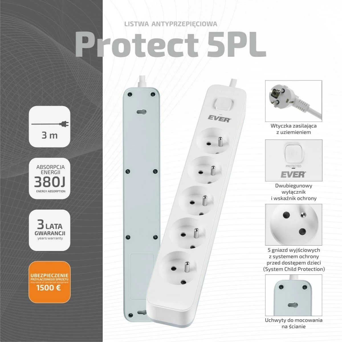 Prizë mbrojtëse EVER PROTECT 5PL, 5 dalje, 3m, e bardhë