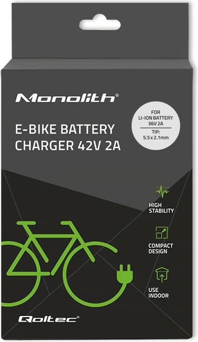 Karikues biçiklete elektrike Qoltec 50760, 42V, 2A, prizë 5.5x2.1mm, e zezë