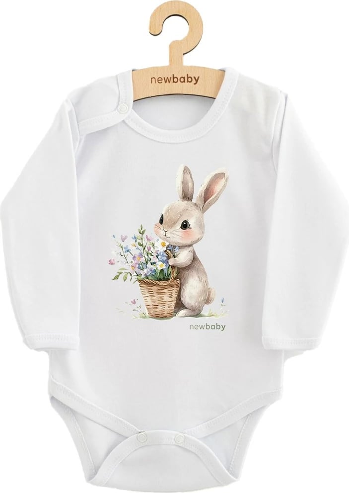 Bodi bebe, New Baby, Rabbit with Flowers, 100% pambuk, mëngë të gjata, masa 86 (12-18m), e bardhë