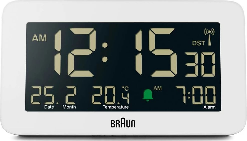 Alarm digjital Braun BC10, ekran LCD, termometër, orar 12/24h, bardhë Alarm digjital Braun BC10, ekran LCD, termometër, orar 12/24h, bardhë
