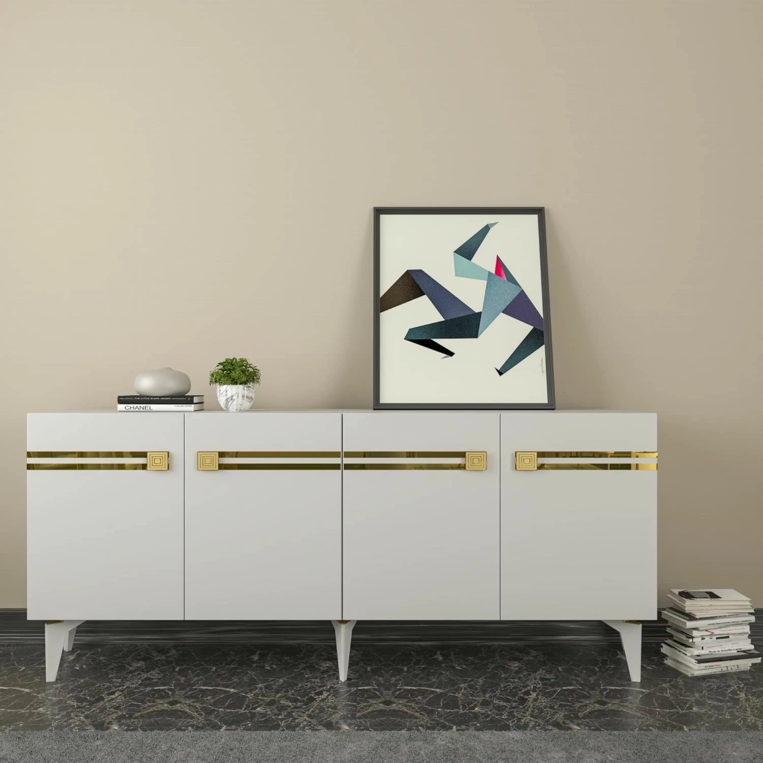 Konsol Skye Decor, Hayat KB150, e bardhë dhe ari