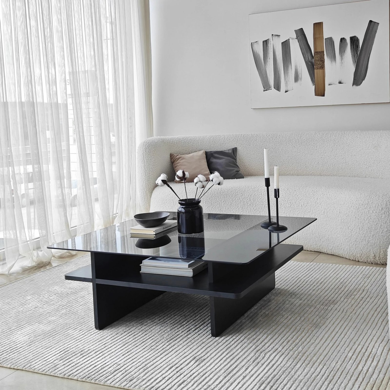 Tavolinë kafeje Skye Decor, katrore, ngjyrë e zezë dhe fume