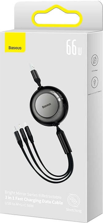 Kabllo 3-në-1 Baseus Bright Mirror 3, USB-C/Lightning/Micro USB, 1.1m, 66W, e zezë