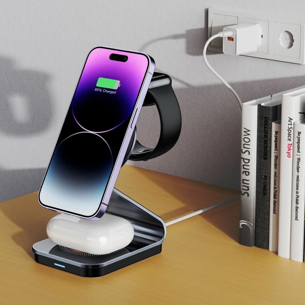 Karikues induktiv 3-në-1 Tech-Protect QI15W-A29 me MagSafe, për smartphone, Apple Watch dhe AirPods, i zi