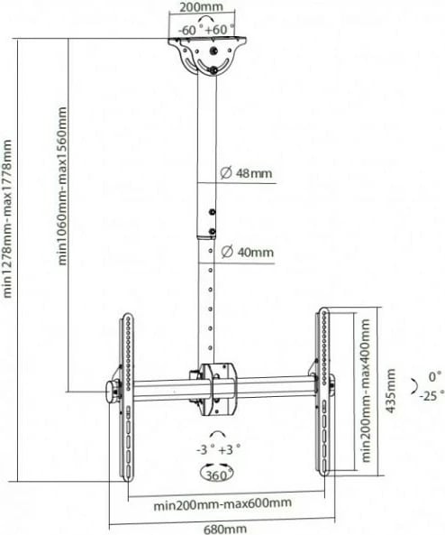 Mbajtëse tavani për TV/monitor Techly 309357, për LCD/LED 37-70 inç, 50kg, e zezë Mbajtëse tavani për TV/monitor Techly 309357, për LCD/LED 37-70 inç, 50kg, e zezë
