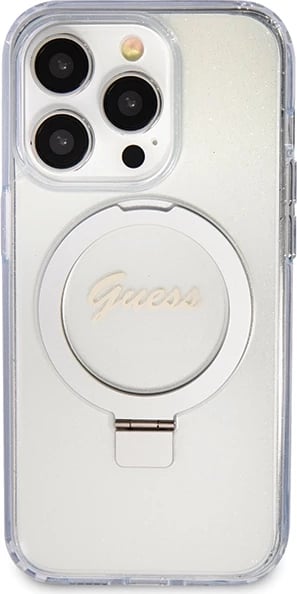 Mbështjellës Guess Ring Stand Script Glitter MagSafe për iPhone 15 Pro, Transparent