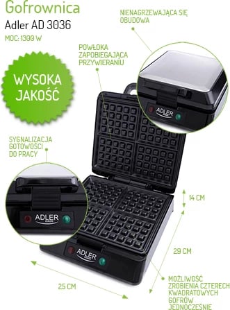 aparat për gofre, Adler AD 3036, 1080–1300 W (1500 W max), 4 gofre katrore, veshje jo-ngjitëse