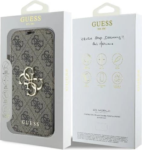 Mbështjellës Guess 4G Metal Logo për iPhone 16, kafe