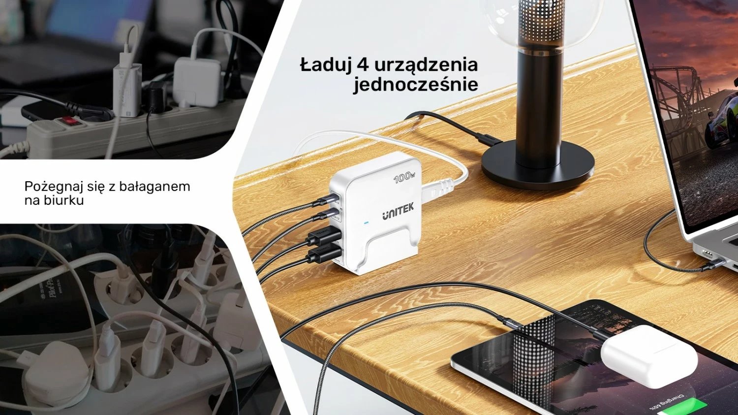 Karikues Unitek GaN 100W 2xUSB-A 2xUSB-C, i zi