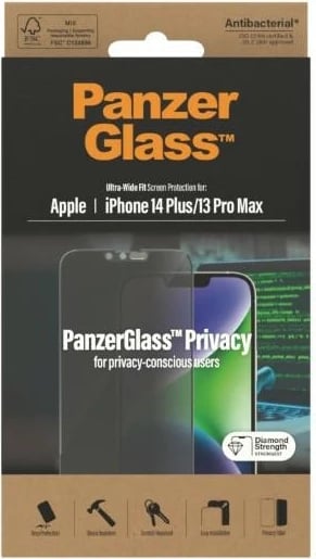 Xham i temperuar PanzerGlass Ultra-Wide Fit Privacy për iPhone 14 Plus/13 Pro Max, Antibakterial