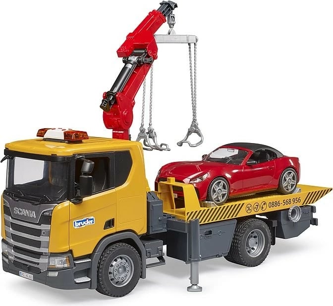 Set lodrash kamion tërheqës Scania Super 560R BRUDER BR-03552 me roadster, dritë dhe zë, verdhë/kuqe