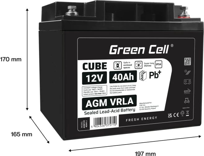Bateri AGM VRLA, Green Cell, AGM12V40AH-J, 12V 40Ah IP54, e zezë