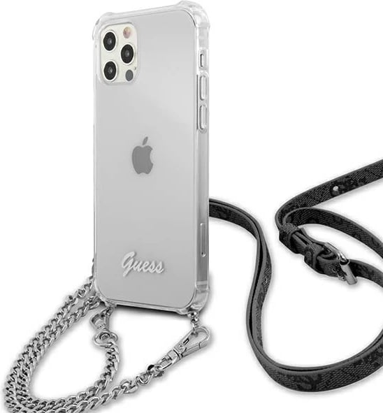 Mbështjellës Guess GUHCP12LKC4GSSI për iPhone 12 Pro Max 6.7", transparent, me zinxhir argjendi