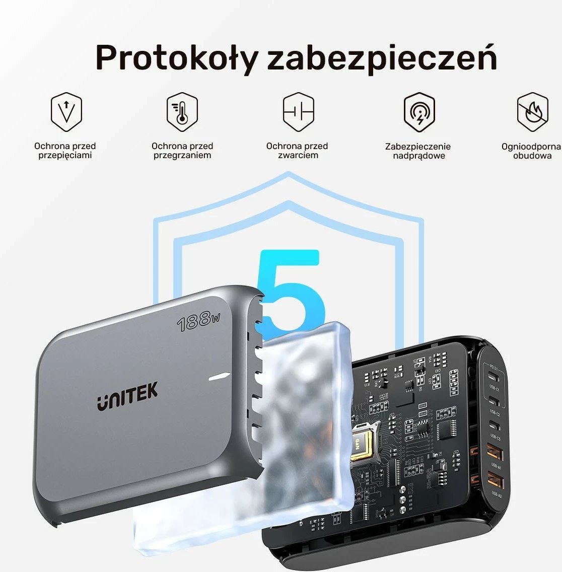 Karikues rrjeti Unitek GAN 188W, 2xUSB-A, 3xUSB-C, gri