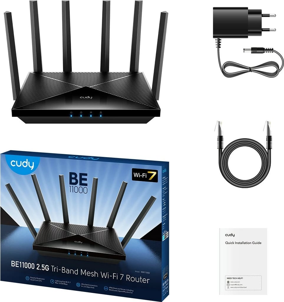 Router Cudy WR11000 BE11000 Wi‑Fi 7 tri‑band 10.6 Gbps 4x 2.5G porte Mesh, e zezë