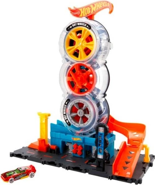 Set lodrash Hot Wheels City Super Twist Tire Shop, me një makinë, shumëngjyrësh