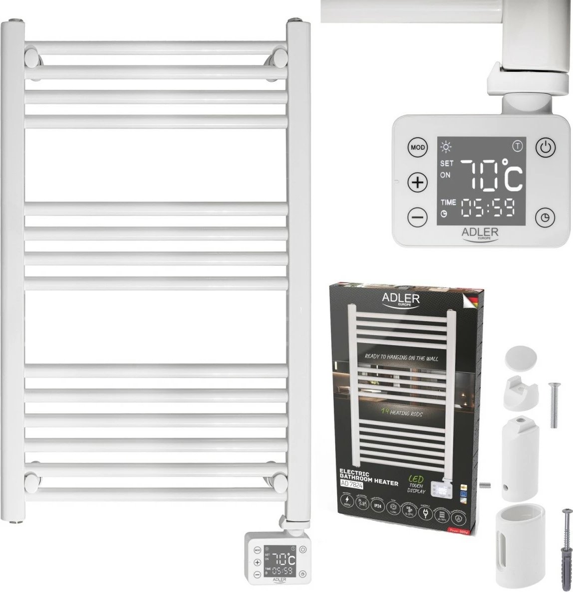 radiator banjo elektrik me LED, Adler AD 7824, 600 W, 50×90 cm, timer 24h, IP24, i bardhë