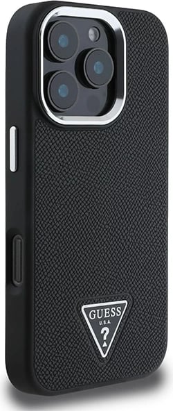 Mbështjellës Guess Grained Triangle MagSafe për iPhone 16 Pro, zi