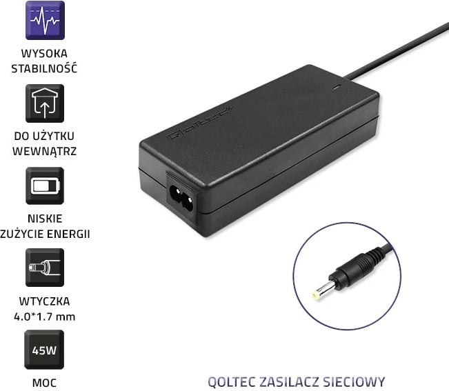 Adapter rryme për laptop Qoltec 45W, për Lenovo IdeaPad, 20V 2.25A, me kabllo rryme, i zi