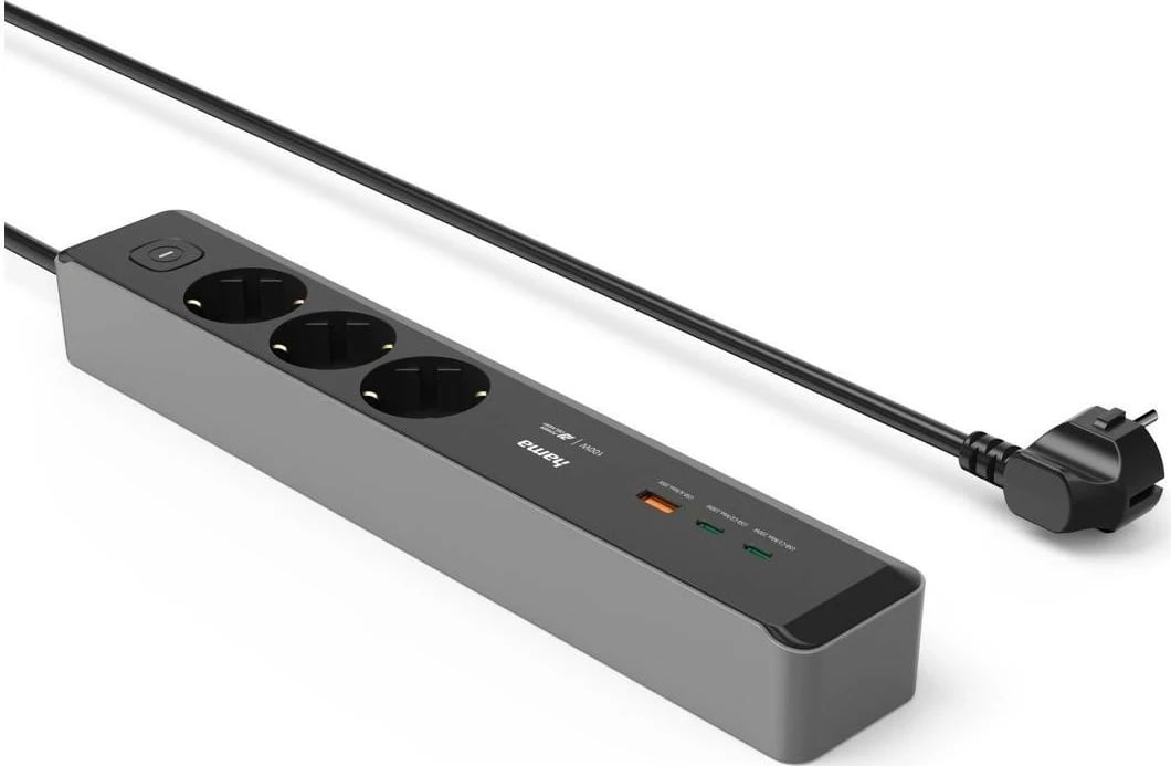Listë zgjatje Hama, 3 gniazda SCHUKO, 1,4m, 2 USB-C, 1 USB-A, Power Delivery, 100W, gri