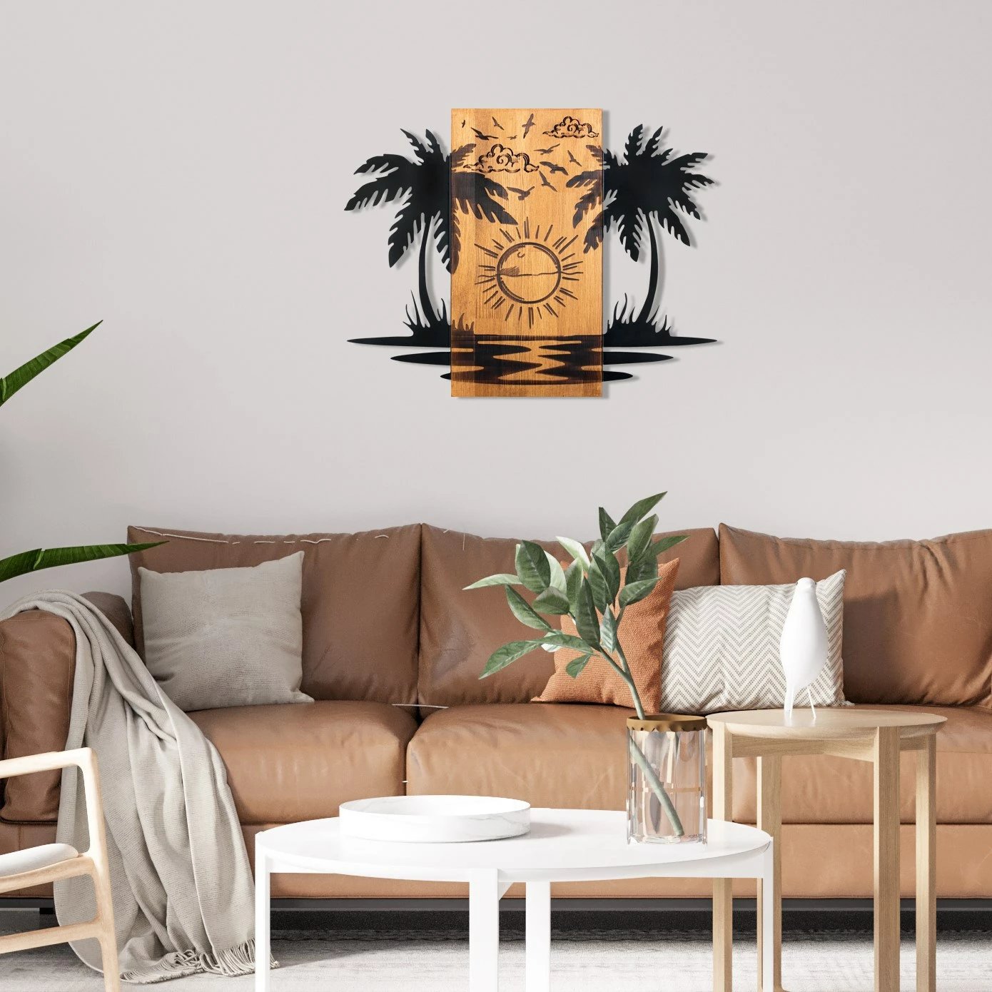 Aksesor dekorativ muri, dru dhe metal, Hawaii 2, ngjyrë e zezë dhe arre, 74x57.5cm