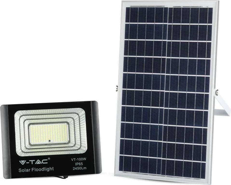 Projektor LED solar V-TAC 35W, IP65, me telekomandë, timer VT-100W 4000K, ngjyrë e zezë
