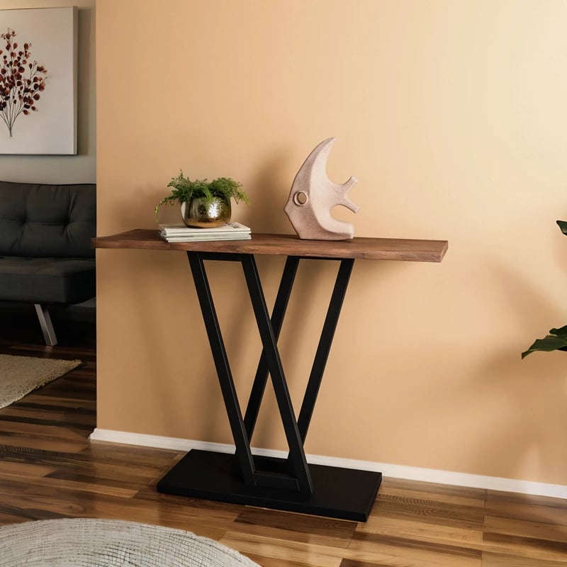 Konsolë Wirmo, melaminë arre, këmbë metali të zeza, 110x30x80 cm