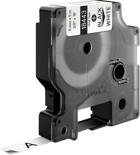 Shirit etiketime vinil, Dymo, 18443 S0718580, 9mm x 5.5m, e zezë në të bardhë