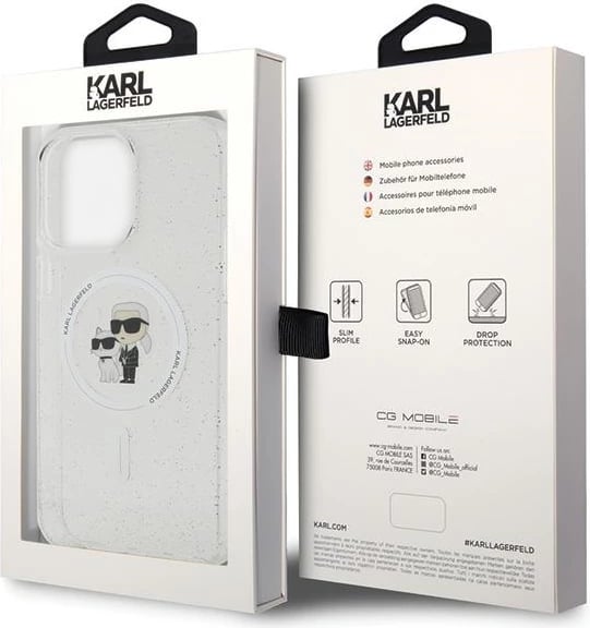 Mbështjellës Karl Lagerfeld Karl&Choupette Glitter MagSafe për iPhone 15 Pro Max, transparent