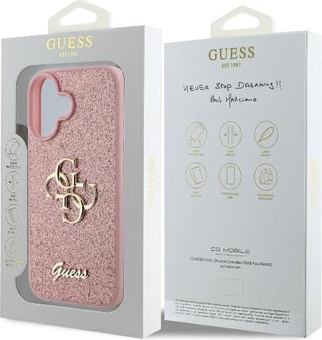 Mbështjellës Guess Fixed Glitter Big 4G për iPhone 16, Rozë