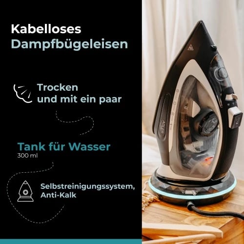 Hekur me avull pa kabllo 2-në-1, Adler AD 5043, 2800W, bazë qeramike 23.5x12 cm, depo uji 300 ml, zi/argjendtë