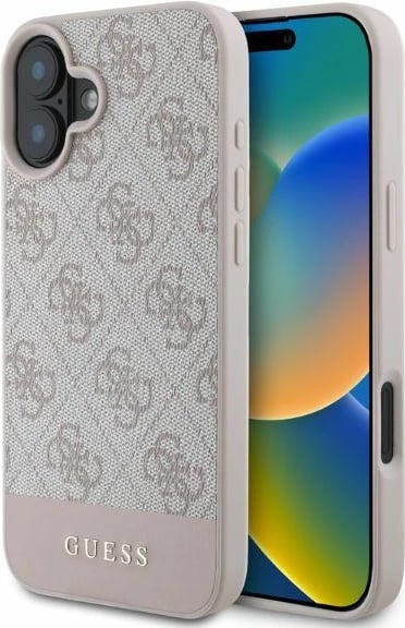 Mbështjellës Guess 4G Bottom Stripe për iPhone 16 6.1", hardcase TPU/PC/eko-lëkurë, rozë