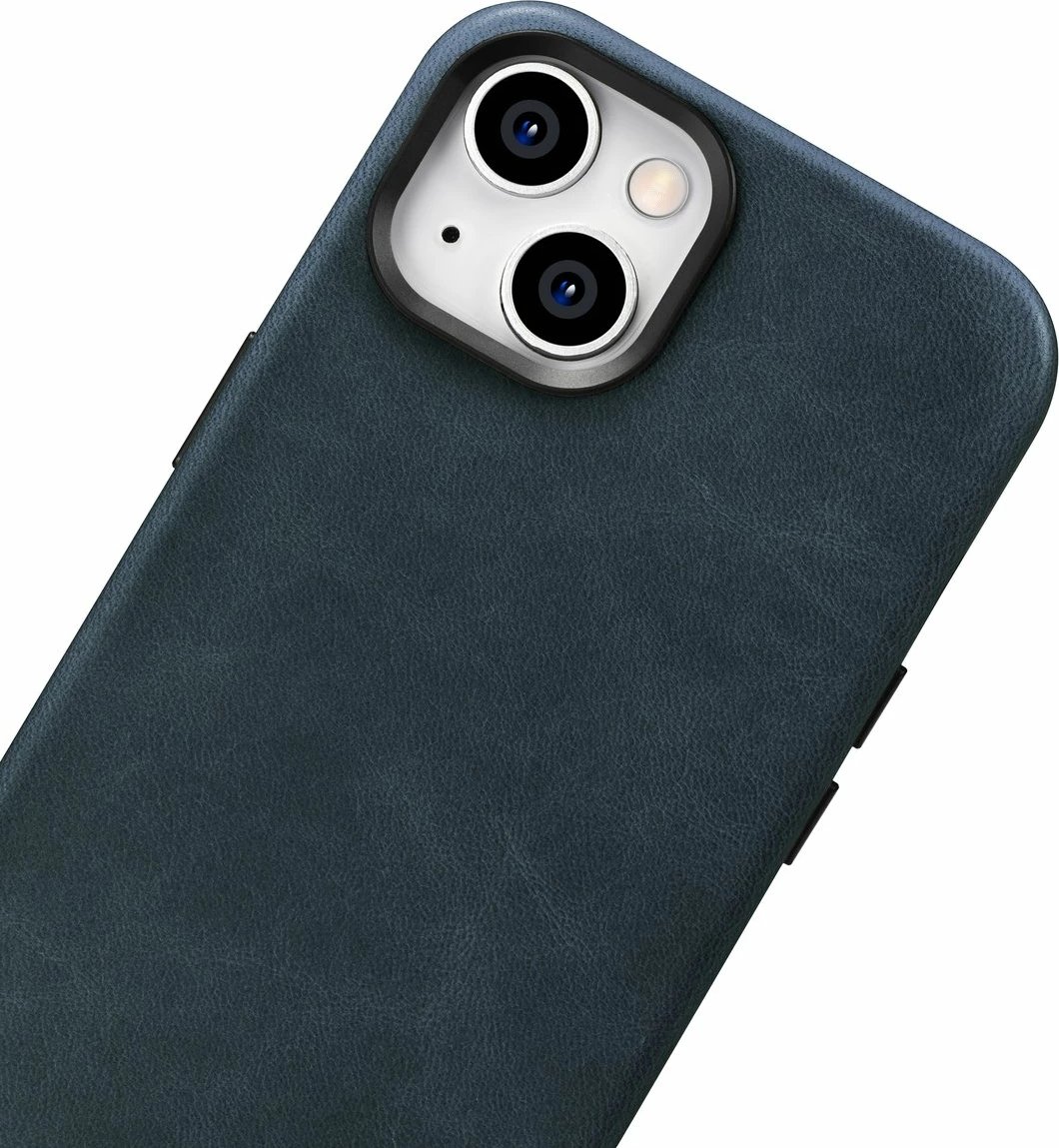 Mbështjellës lëkure iCarer Oil Wax Premium për iPhone 14 Plus me MagSafe, Kaltër e errët