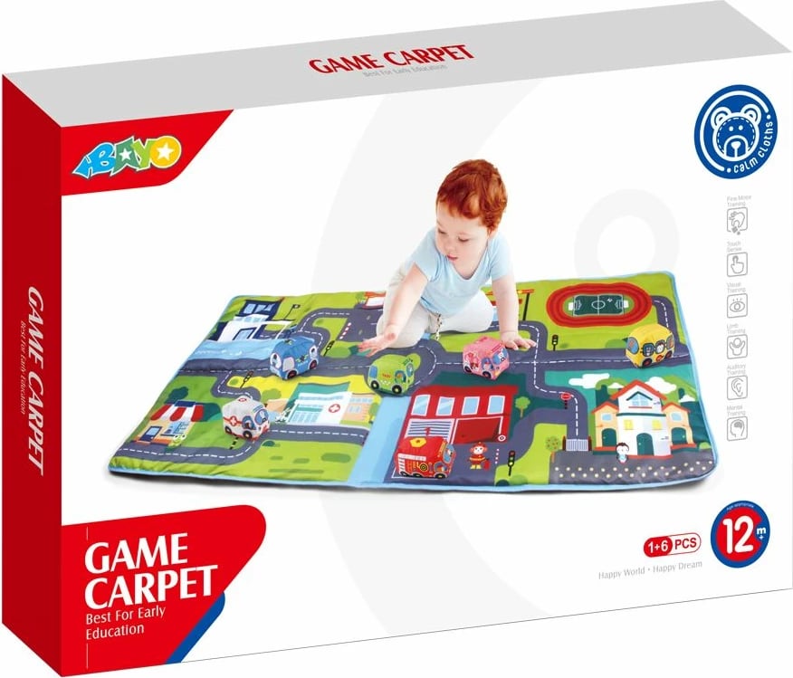 Tapet loje, BAYO Town, 80x158 cm, për 12m+, ngjyrë sipas fotos, set me 6 makina të buta