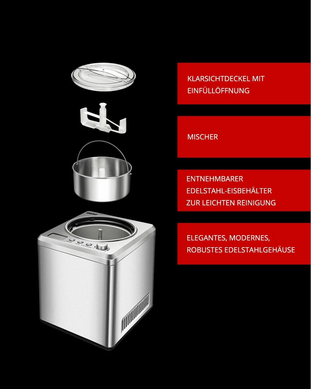 Aparat për akullore UNOLD 48872, Kompresor, 2 L, LCD, Inox