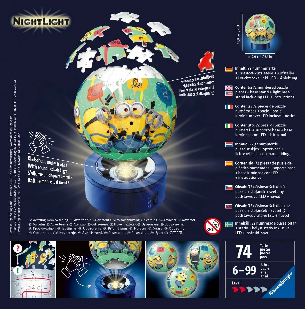 Puzzle 3D Minions Ravensburger 11180, me ndriçim LED, plastikë, 74 pjesë